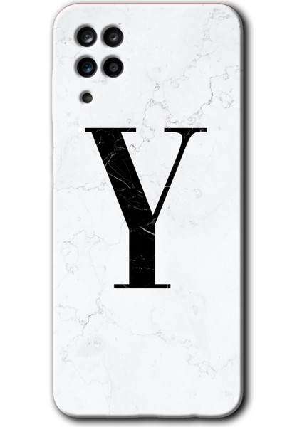 Samsung Galaxy M12 Kılıf Hd Desen Baskılı Arka Kapak - Beyaz Mermer Desenli Y Harfi