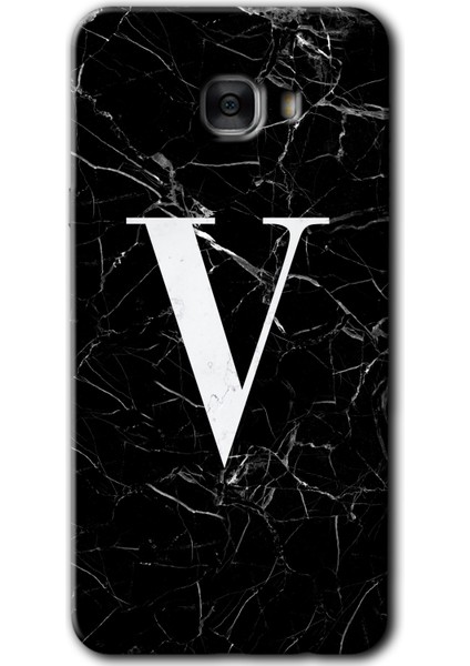 Samsung Galaxy C7 Kılıf Hd Desen Baskılı Arka Kapak - Siyah Mermer Desenli V Harfi