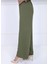 Kadın Haki Beli Lastikli Ayrobin Kumaş Bol Paça Büyük Beden Pantolon 1