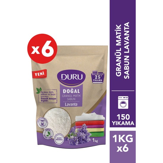 Duru Granül Matik Sabun Lavanta 1 kg x 6 150 Yıkama Beyazlar ve Renkliler İçin Doğal Temizlik