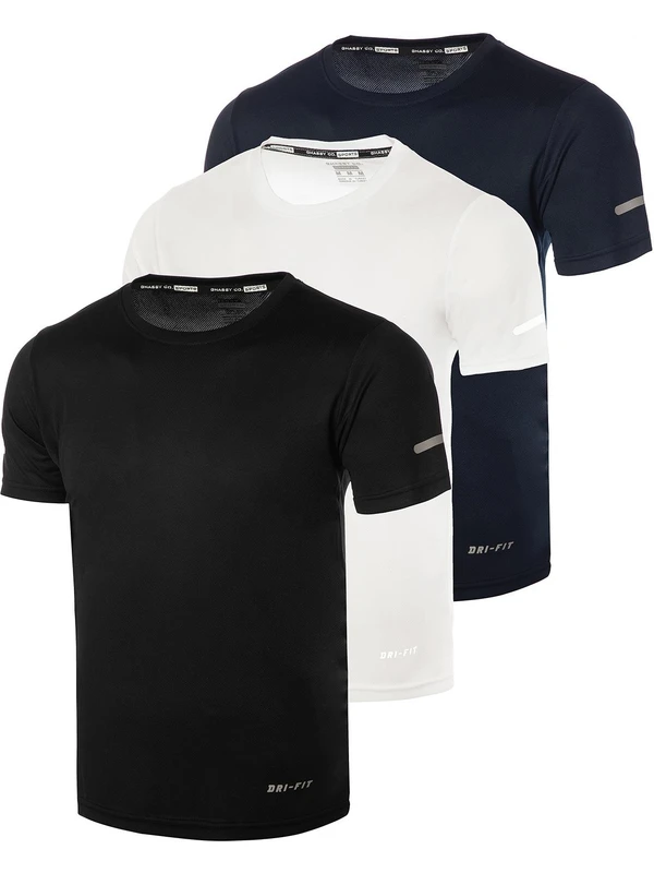 Ghassy Co. Erkek 3'lü Paket Dry Fit Siyah Lacivert Beyaz Atletik Nem Emici Günlük Tshirt