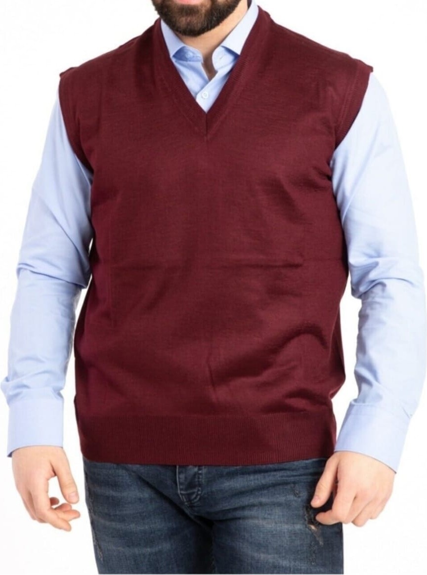 Fresh Moda Erkek Bordo V Yaka Ince Yün Triko Örgü Baba Süveter