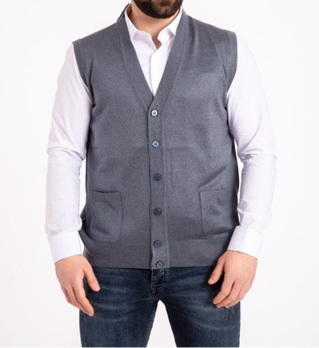 Fresh Moda Erkek Gri Ince Yün Triko Cepli Örgü Yelek görsel 2