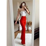 AÈC PRIVÈ Kadın Kırmızı Yüksek Bel Ispanyol Paça Pantolon