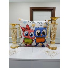 Körfez Kırlent Mavi ve Pembe Baykuş Desenli Dekoratif Kırlent Kılıfı