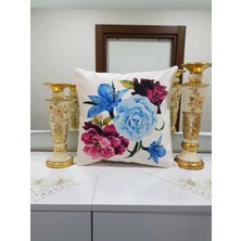 Körfez Kırlent Mor & Mavi Desenli Çiçekli - Sarı Kız Çiçek Dekoratif Kırlent Kılıfı