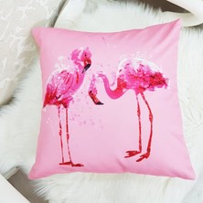 Körfez Kırlent Pembe Zemin Ikili Flamingo Desenli Dekoratif Kırlent Kılıfı