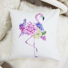 Körfez Kırlent Beyaz & Lila Çiçekli Flamingo Desenli Dekoratif Kırlent Kılıfı