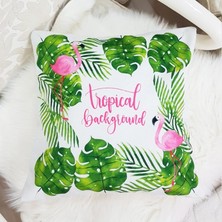 Körfez Kırlent Beyaz & Yeşil Tropical Background Flamingo Desenli Dekoratif Kırlent Kılıfı