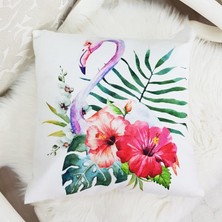 Körfez Kırlent Beyaz & Renkli Su Çiçeği Flamingo Desenli Dekoratif Kırlent Kılıfı