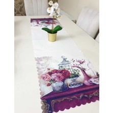 Körfez Kırlent Mor Vazo Çiçek Desenli Dekoratif Runner Örtü