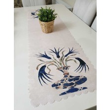 Körfez Kırlent Krem & Mavi Vazo Çini Serisi Desenli Dekoratif Runner Örtü
