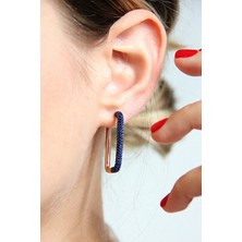 Argentum Concept 925 Ayar Gümüş Yarım Tur Lacivert Taşlı Dikdörtgen Küpe - K096601