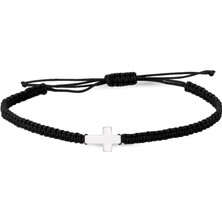 Altın Sepeti Beyaz Altın Haçlı Siyah Ip Bileklik