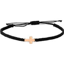 Altın Sepeti Ipli Siyah Örme Rose Altın Haç Bileklik