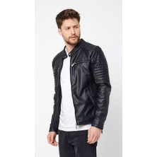 North Fashion NorthFashion Erkek Siyah Iç Cepli Slim Fit Deri Ceket