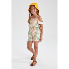 DeFacto Kız Çocuk Regular Fit Desenli Askılı Pamuklu Penye Yazlık Kısa Tulum T2582A622SM