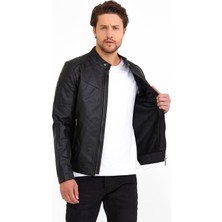 North Fashion NorthFashion Erkek Siyah Iç Cepli Slim Fit Düz Model Deri Ceket