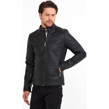 North Fashion NorthFashion Erkek Siyah Iç Cepli Slim Fit Düz Model Deri Ceket