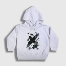 Presmono Unisex Çocuk Beyaz Herd Of Birds Kuş Karga Kapüşonlu Sweatshirt