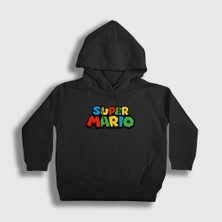 Presmono Unisex Çocuk Siyah Logo Oyun Super Mario Kapüşonlu Sweatshirt