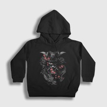 Presmono Unisex Çocuk Siyah Flowers Samurai Samuray Kapüşonlu Sweatshirt