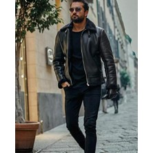 Derimont Deri Kürk Yaka Siyah Erkek Yandan Cepli Deri Ceket