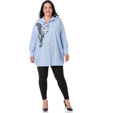 Disentis Modest Büyük Beden Yaprak Baskılı Yarım Balon Kalıp Eteği Dikişli Bebe Mavi Gömlek