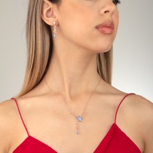 Ravza Gümüş 925 Ayar Gümüş Aquamarine Nergis Çiçeği Sarmaşık Kolye Küpe Takı Seti