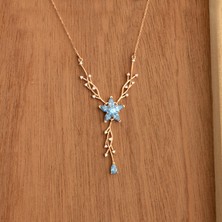 Ravza Gümüş 925 Ayar Gümüş Aquamarine Nergis Çiçeği Sarmaşık Kolye