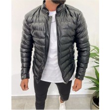 NorthFashion Erkek Siyah Slim Fit Içi Kürklü Su Geçirmez Iç Cepli Şişme Deri Ceket & Mont
