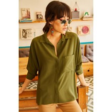 AQE FASHION Kadın Haki Düğmeli Cepli Salaş Gömlek