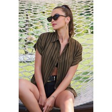 AQE FASHION Cizgi Detaylı Kısa Kollu  Haki