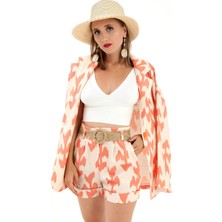 Vapur Kemerli Desenli Oversize Blazer Ceket - Turuncu