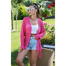 AQE FASHION Motif Detaylı Eteği Püsküllü Hırka Fuşya