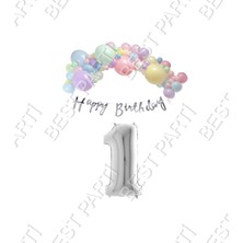 Best Parti Happy Bırthday Yazılı Kaligrafi Banner Makaron Balon Seti 1 Yaş Gümüş Set Doğum Günü