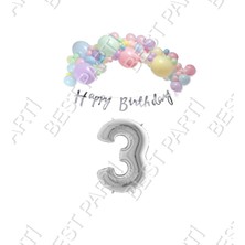 Best Parti Happy Bırthday Yazılı Kaligrafi Banner Makaron Balon Seti 3 Yaş Gümüş Set Doğum Günü