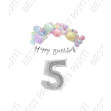 Best Parti Happy Bırthday Yazılı Kaligrafi Banner Makaron Balon Seti 5 Yaş Gümüş Set Doğum Günü
