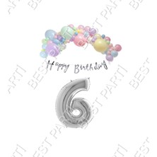 Best Parti Happy Bırthday Yazılı Kaligrafi Banner Makaron Balon Seti 6 Yaş Gümüş Set Doğum Günü