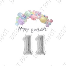 Best Parti Happy Bırthday Yazılı Kaligrafi Banner Makaron Balon Seti 11 Yaş Gümüş Set Doğum Günü