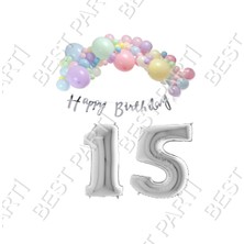 Best Parti Happy Bırthday Yazılı Kaligrafi Banner Makaron Balon Seti 15 Yaş Gümüş Set Doğum Günü