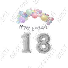 Best Parti Happy Bırthday Yazılı Kaligrafi Banner Makaron Balon Seti 18 Yaş Gümüş Set Doğum Günü