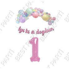Best Parti Iyiki Doğdun Yazılı Kaligrafi Banner Makaron Balon Seti 1 Yaş Pembe Set Doğum Günü
