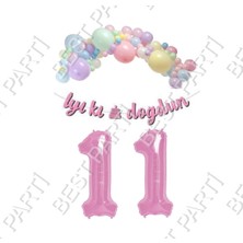 Best Parti Iyiki Doğdun Yazılı Kaligrafi Banner Makaron Balon Seti 11 Yaş Pembe Set Doğum Günü
