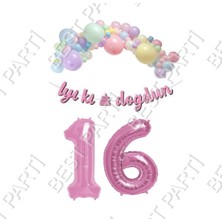 Best Parti Iyiki Doğdun Yazılı Kaligrafi Banner Makaron Balon Seti 16 Yaş Pembe Set Doğum Günü