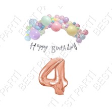 Best Parti Happy Bırthday Gümüş Yazılı Kaligrafi Banner Makaron Balon Seti 4 Yaş Rose Gold Set Doğum Günü