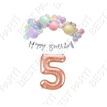 Best Parti Happy Bırthday Gümüş Yazılı Kaligrafi Banner Makaron Balon Seti 5 Yaş Rose Gold Set Doğum Günü