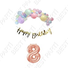 Best Parti Happy Bırthday Gold Yazılı Kaligrafi Banner Makaron Balon Seti 8 Yaş Rose Gold Set Doğum Günü