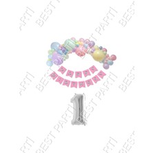 Best Parti Happy Bırthday Yazılı Banner Makaron Balon Seti 1 Yaş Gümüş Set Doğum Günü