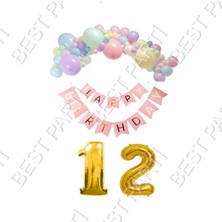 Best Parti Happy Bırthday Yazılı Banner Makaron Balon Seti 12 Yaş Gold Set Doğum Günü
